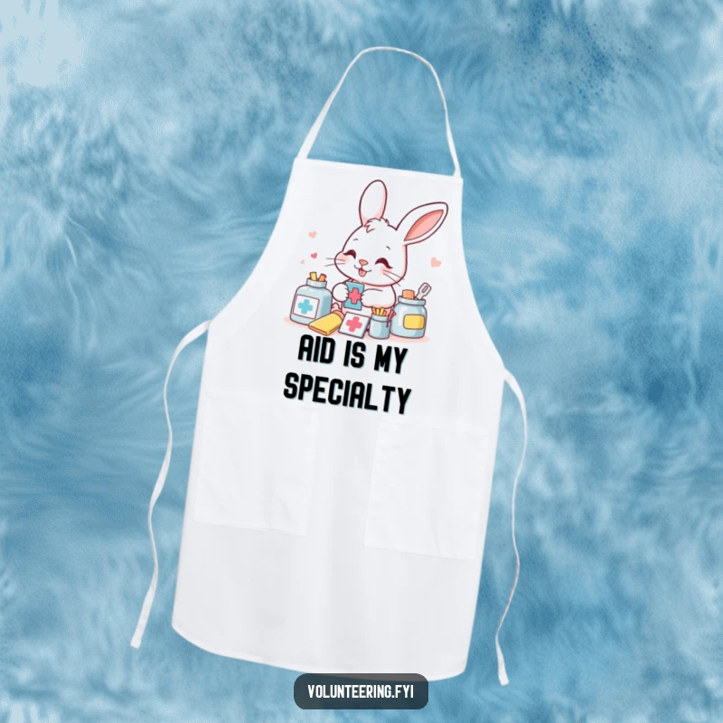 Funny bunny meticulously sorting colorful aid supplies on a kitchen apron, for humorous and prepared tasks.