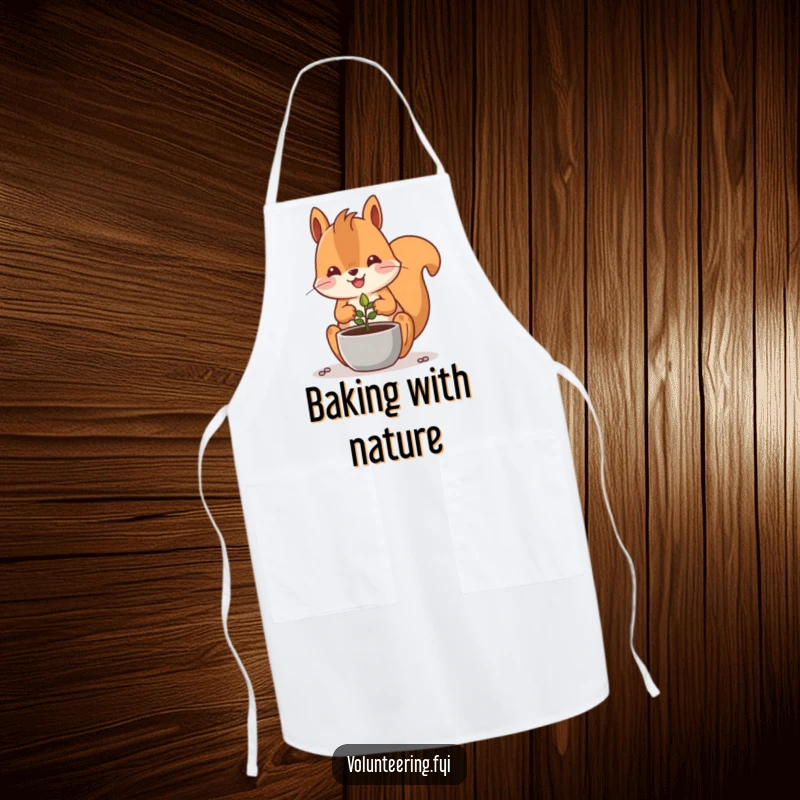 Funny Kawaii squirrel planting a tiny seed in a pot, cute apron for gardening.