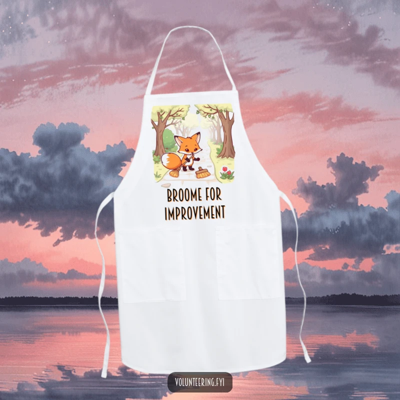 Funny fox apron showing a determined animal tidying, perfect for chefs and home cooks seeking humor in the kitchen, a great funny gift.