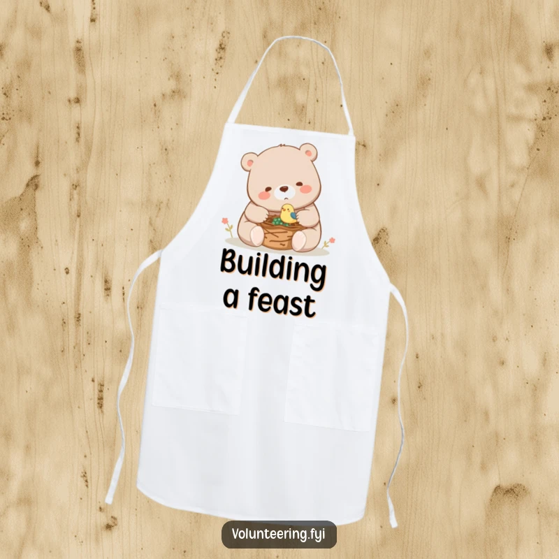 Funny apron showing a large bear assisting a small bird building a nest, ideal for kitchen chores with a smile.