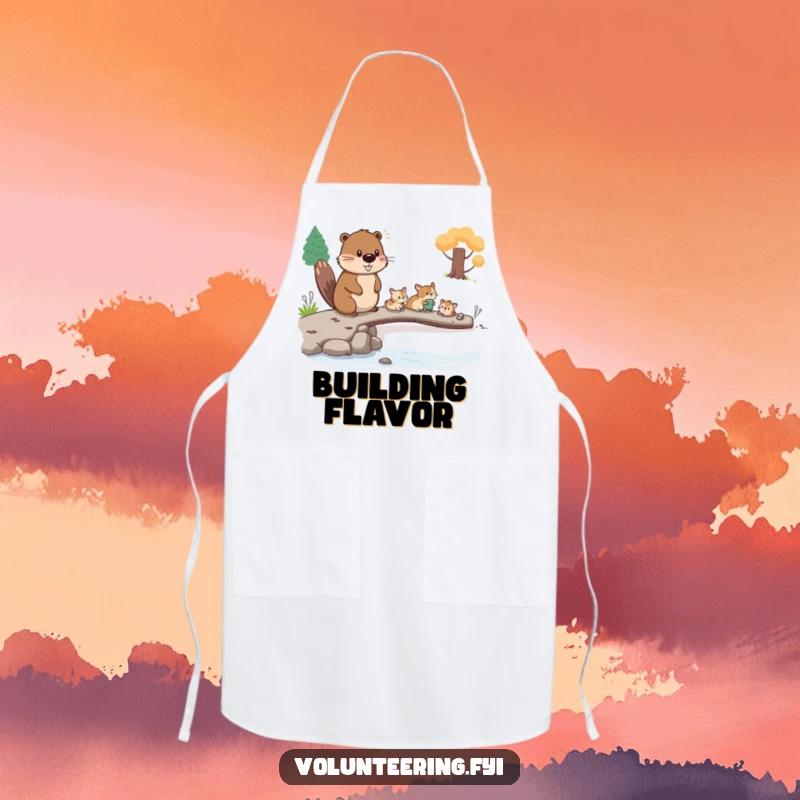 Funny beaver apron, a hardworking beaver helping small animals cross a bridge, a humorous and practical kitchen accessory gift.
