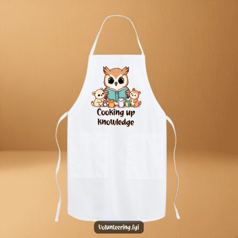 Funny apron with a curious Kawaii owl reading a book to young animals, perfect for teachers or story time, a funny gift.