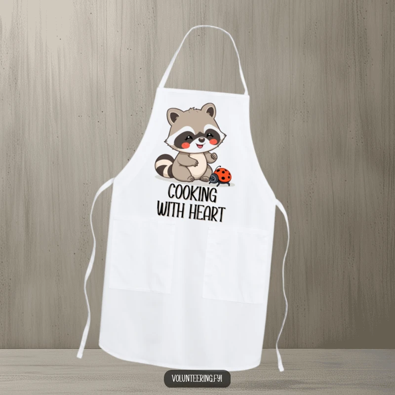 Funny apron with a joyful Kawaii raccoon carefully guiding a lost ladybug, perfect for kitchen kindness, a funny gift.