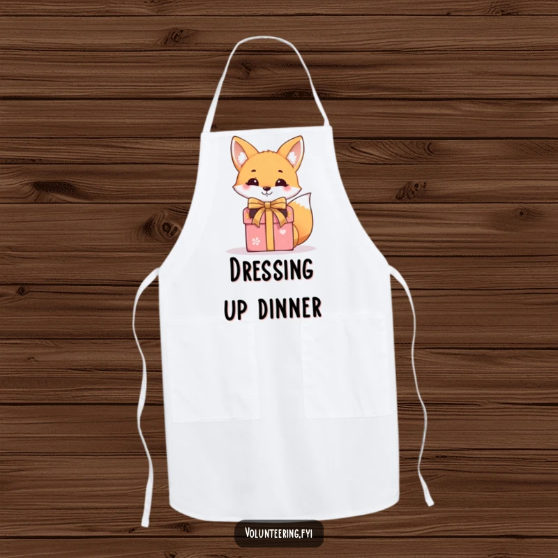 Funny apron featuring a smiling fox tying a ribbon around a gift box, ideal for hosts and gift enthusiasts.