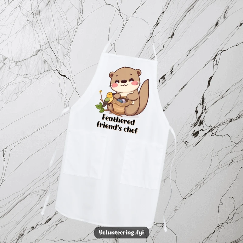 Funny Kawaii otter helping a bird build its nest, cute apron for friends.