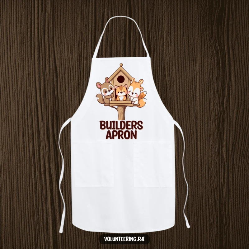 Funny apron showing diverse animal friends building a birdhouse, ideal for keeping clothes clean while cooking or crafting.