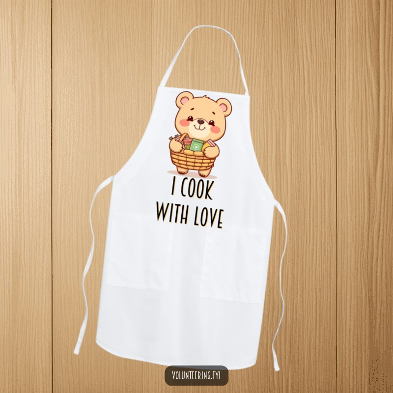 Funny apron with a grinning bear carrying a basket of donated items, great for charity events or cooking.
