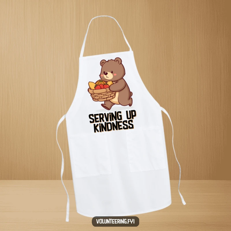 Funny bear apron, a determined bear carrying a large basket of donated food, perfect for chefs, servers, and community helpers.