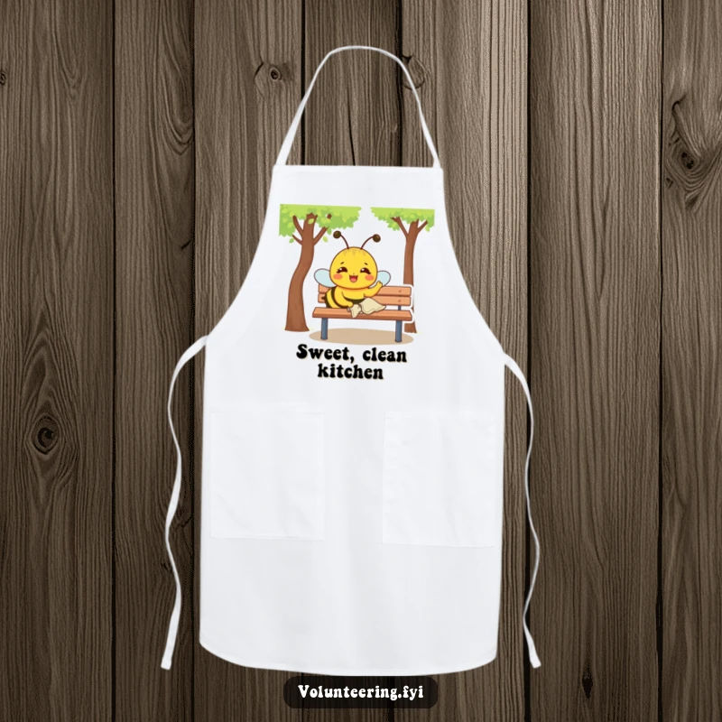 Funny Apron: Joyful yellow bee with a determined expression polishes a park bench with a small cloth, ready for cleaning.