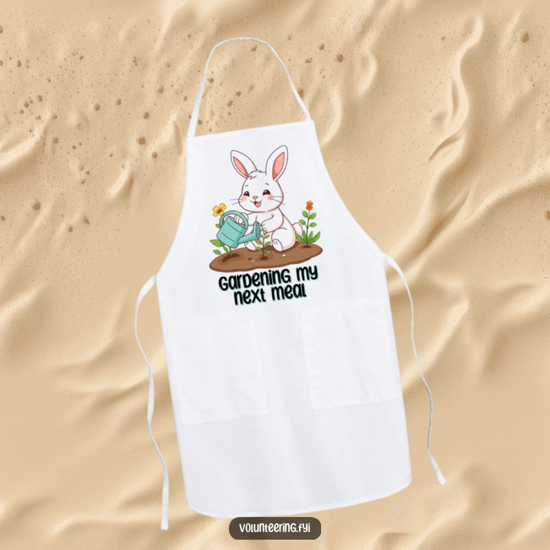 Funny apron featuring a smiling bunny planting a seedling with a watering can, perfect for humorous kitchen and garden activities. Great funny gift.
