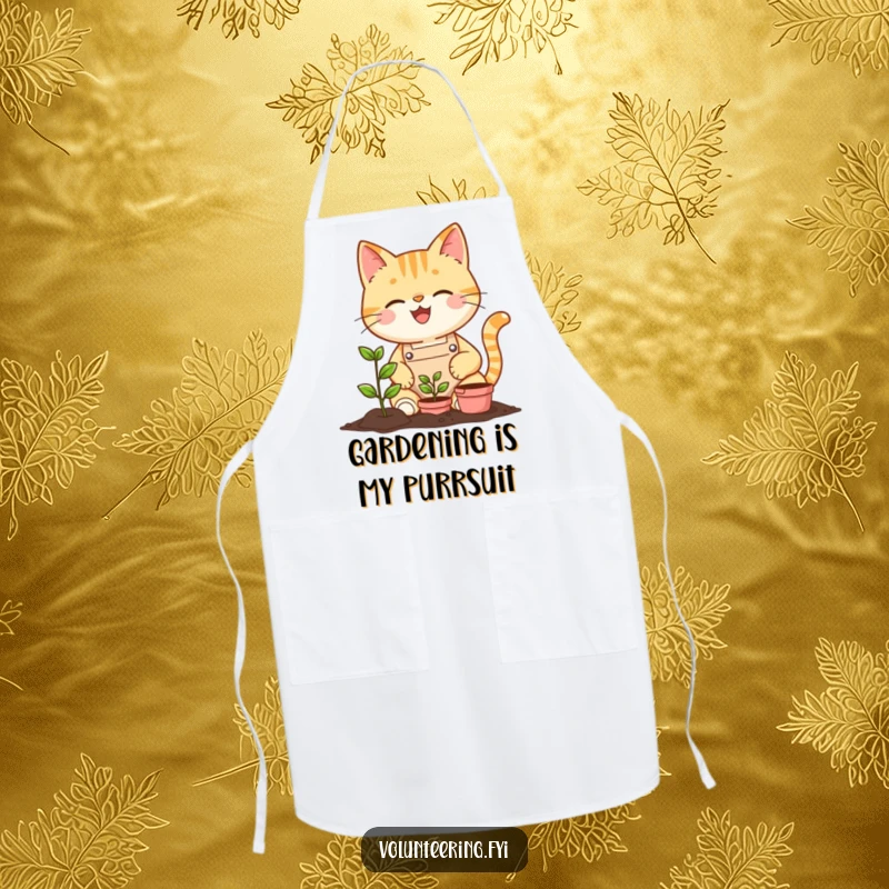 Funny cat in an apron planting a tiny seedling on a kitchen apron, for humorous gardening and cooking.