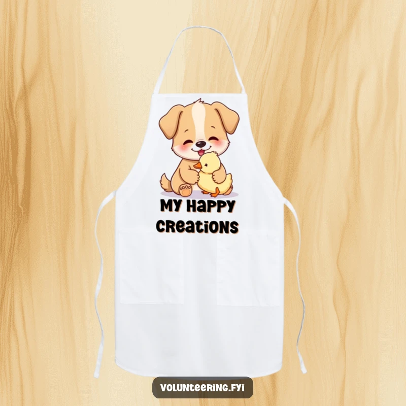 Funny apron featuring a happy dog gently petting a small, fluffy duckling, perfect for kitchen or pet care.