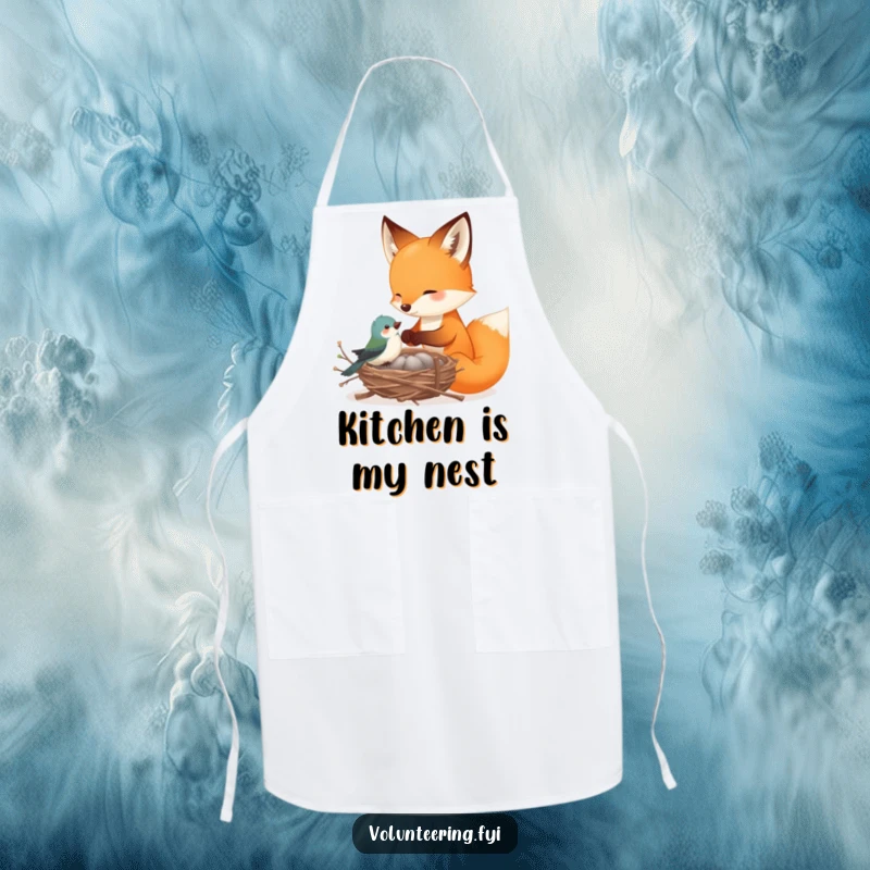 Funny fox apron, a playful fox helping a tiny bird build a nest with delicate twigs, perfect for chefs and crafters.