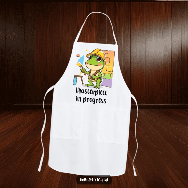 Funny apron with a diligent green frog in a hard hat painting a mural, bringing a humorous and dedicated vibe to the workspace.