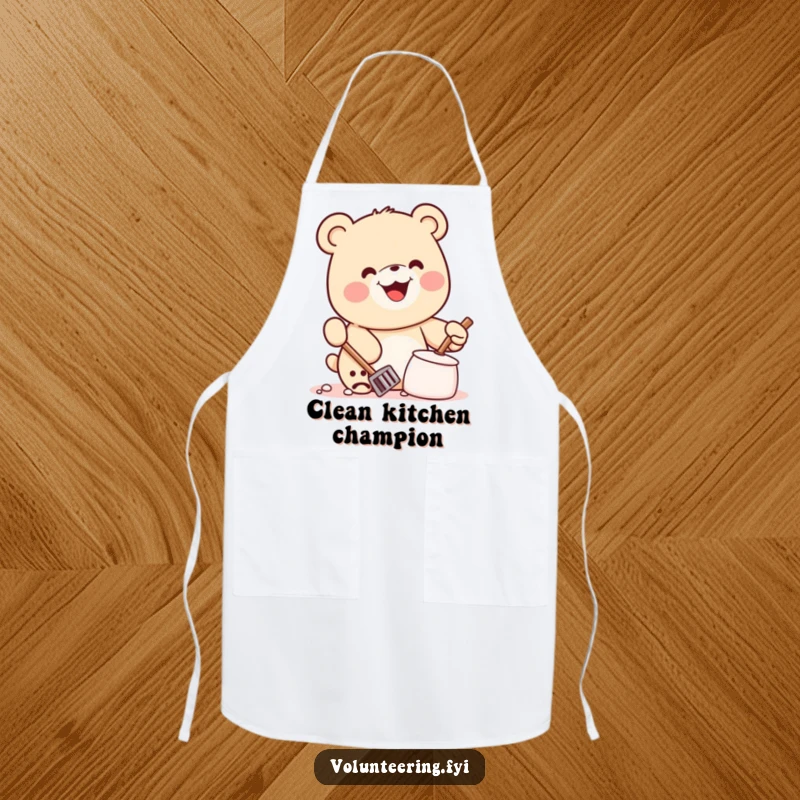 Funny Kawaii Bear Apron: Durable kitchen apron with a smiling bear cleaning, a humorous and practical accessory for cooks.