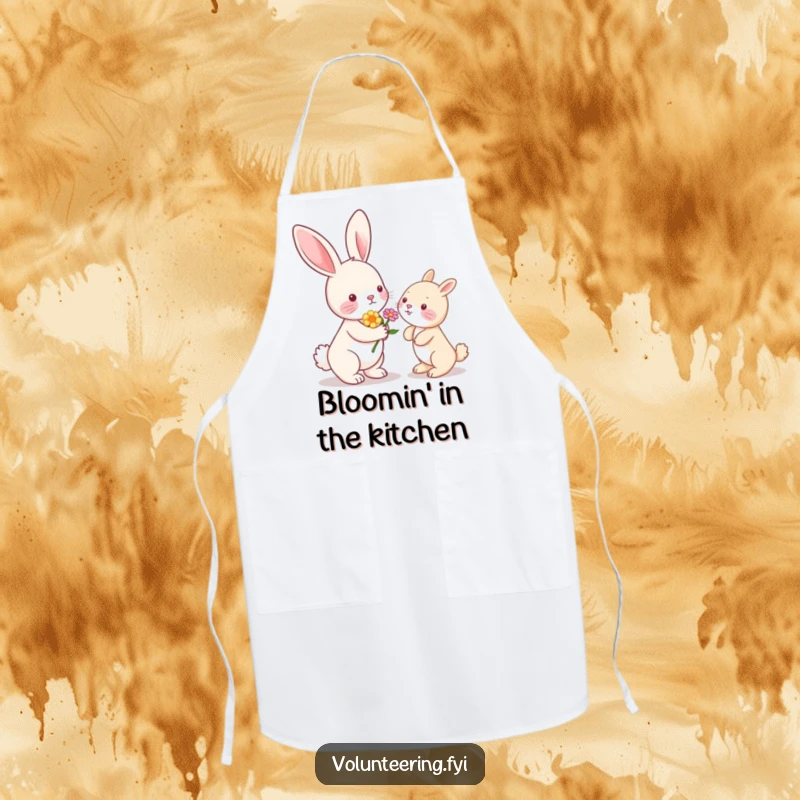 Funny Kawaii bunny rabbit with a flower, cute apron for cooking, kitchen gift.