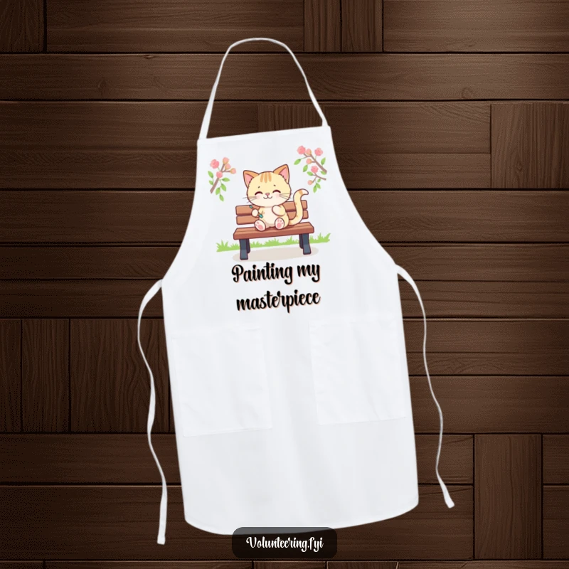 Funny apron with a playful Kawaii cat painting colorful stripes on a park bench, perfect for messy art or cooking, a funny gift.