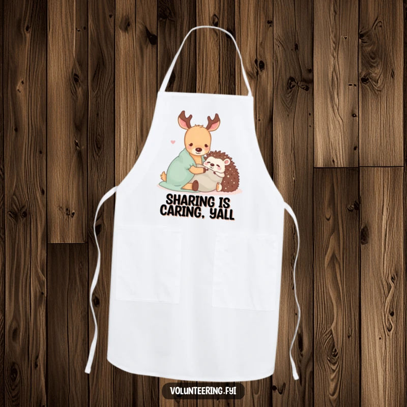 Funny apron with a Kawaii deer and hedgehog sharing a blanket, adding adorable and heartwarming charm to kitchen tasks.