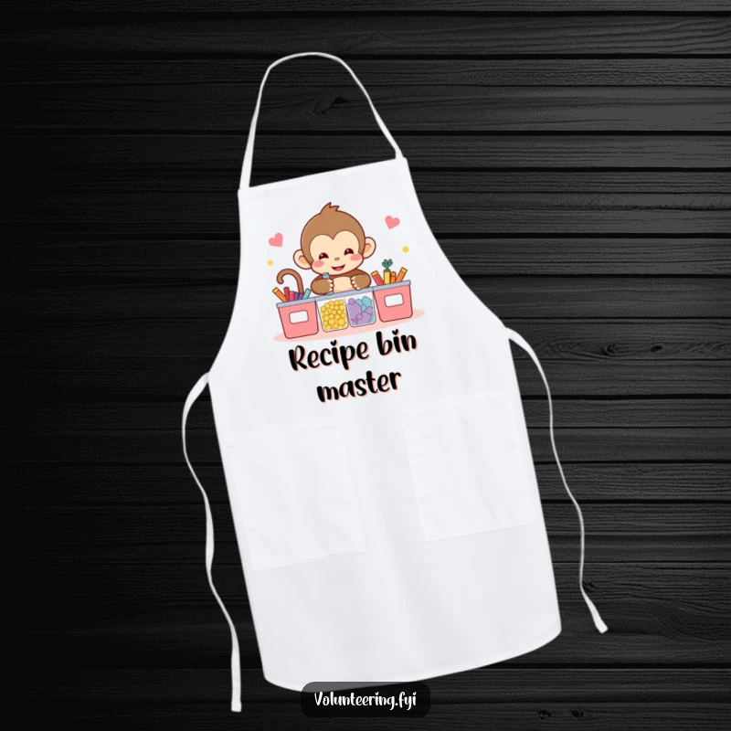 Funny kawaii monkey apron, featuring a cute monkey sorting colorful items into bins, perfect for kitchen activities and organization.