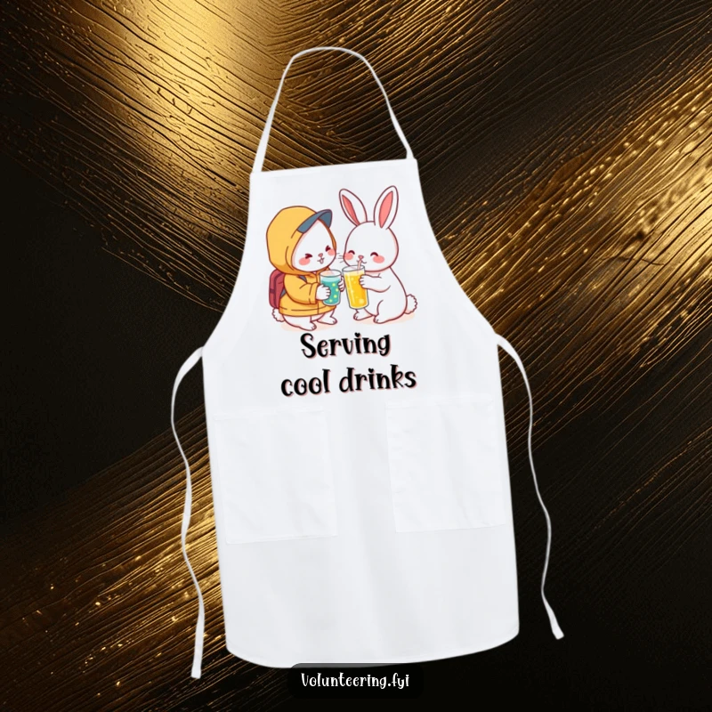 Funny Kawaii Rabbit Helping Apron: Cute apron showing a rabbit offering a drink, perfect for kitchen helpers and a humorous touch.