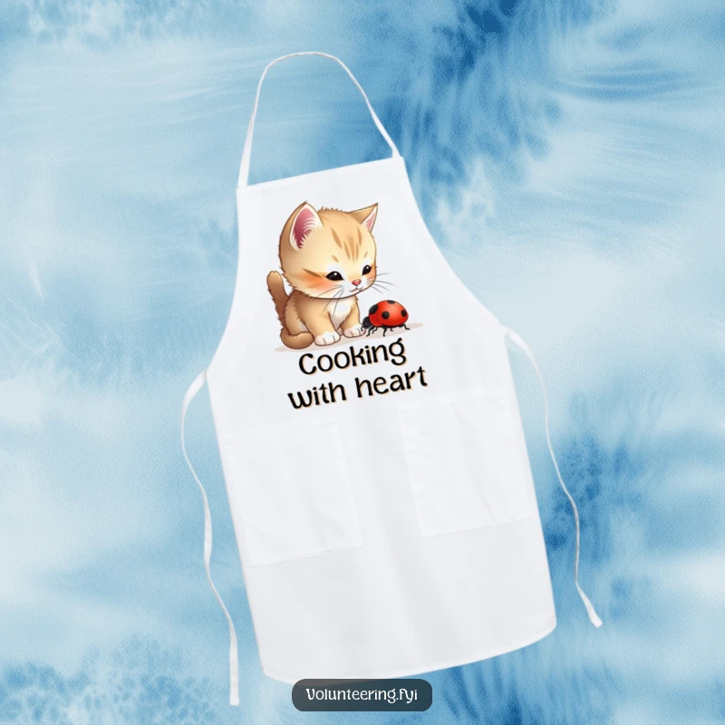 Funny Kitten Ladybug Apron showing a curious kitten helping a lost ladybug, ideal for kitchen activities and spreading kindness.