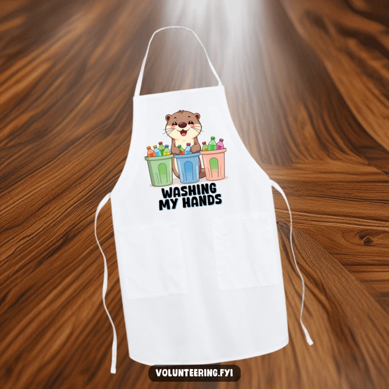 Funny otter apron, an enthusiastic otter sorting plastic bottles into recycling bins, perfect for cooks and eco-conscious homemakers.