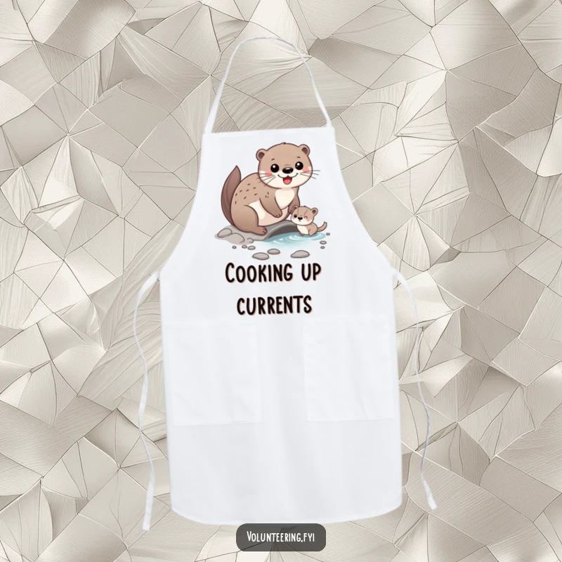 Funny Apron adorned with a happy otter character helping a smaller animal cross a stream, perfect for kitchen or craft use with a helpful theme.