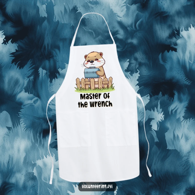 Funny apron with a helpful otter passing a toolbox over a fence, ideal for workshop use.