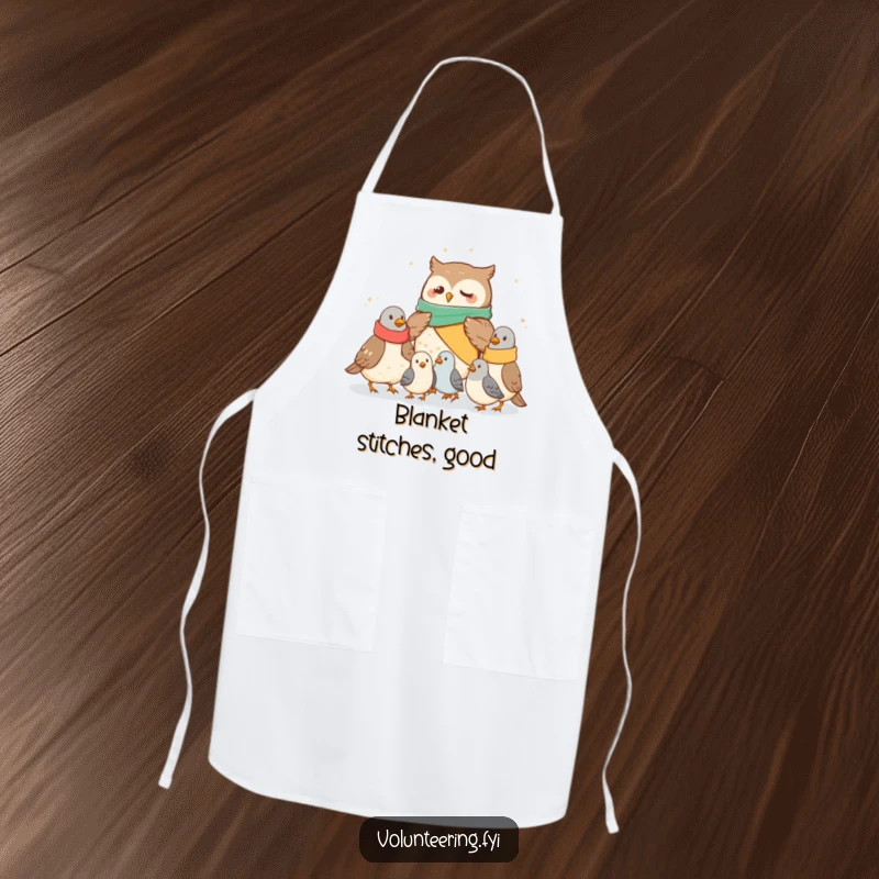 Funny owl apron depicting a caring owl distributing blankets to pigeons, perfect for cooks and bakers seeking humor, a great funny gift.