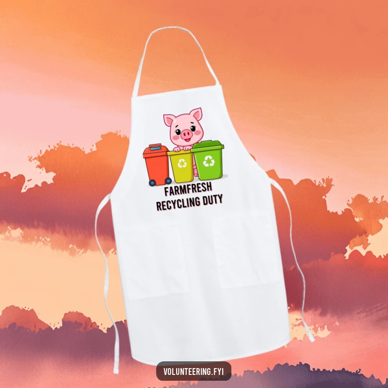 Funny pink pig character with a sunny smile, happily sorting colorful recycling bins, on a protective apron, a funny kitchen gift.