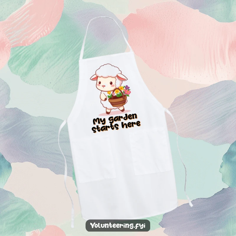 Funny apron featuring a fluffy sheep carrying a basket of colorful flowers, perfect for planting or baking.