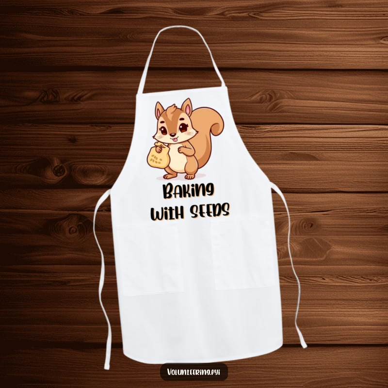 Funny Apron adorned with a determined squirrel character carrying a bag of seeds, perfect for kitchen or garden use with a helpful theme.