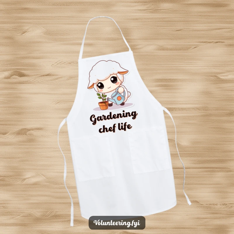 Funny Apron: Fluffy white sheep with large, kind eyes carefully waters a small potted plant with a tiny watering can, ready for growing.