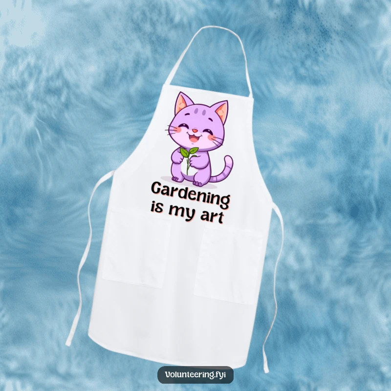 Funny apron with a playful purple cat smiling, handing a seedling, bringing a humorous and nature-loving vibe to the garden or kitchen.