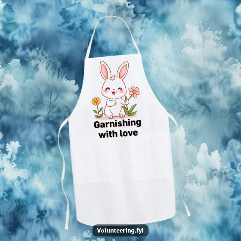 Funny apron with a friendly rabbit smiling and holding a flower, perfect for kitchen fun and spreading cheer.