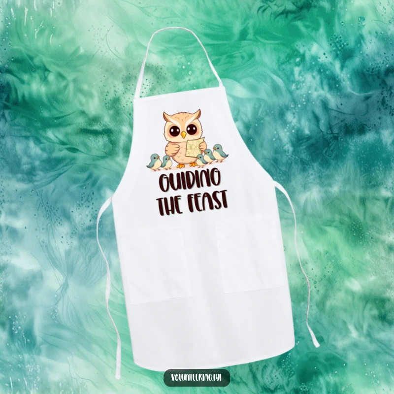 Funny apron with a smiling owl pointing at a map to guide birds, perfect for kitchen use with a humorous and wise theme.