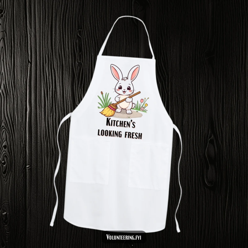 Funny apron showing a smiling rabbit holding a broom and sweeping a path, perfect for kitchen duties or cleaning.