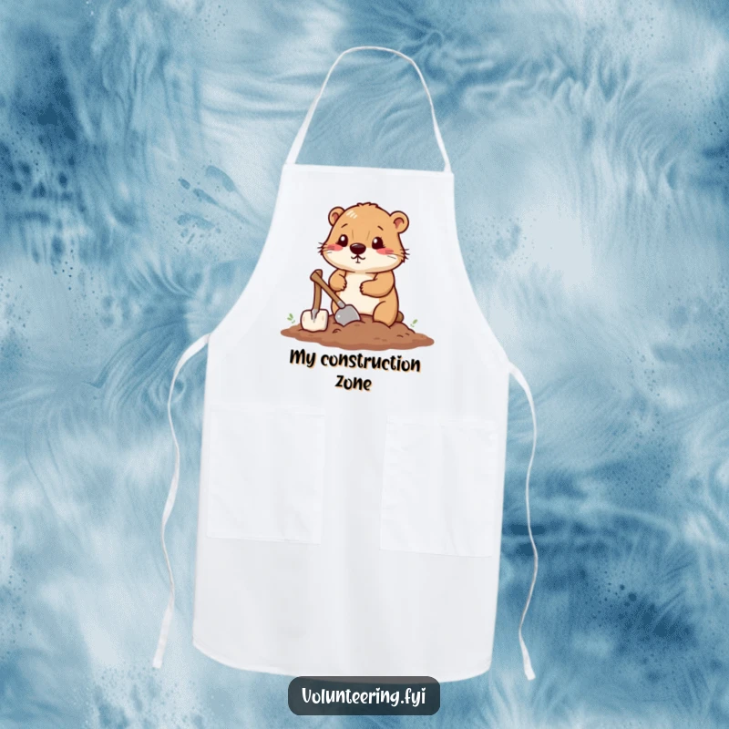 Funny apron featuring a determined beaver smoothing soil with a tiny shovel, perfect for workshops or kitchens.