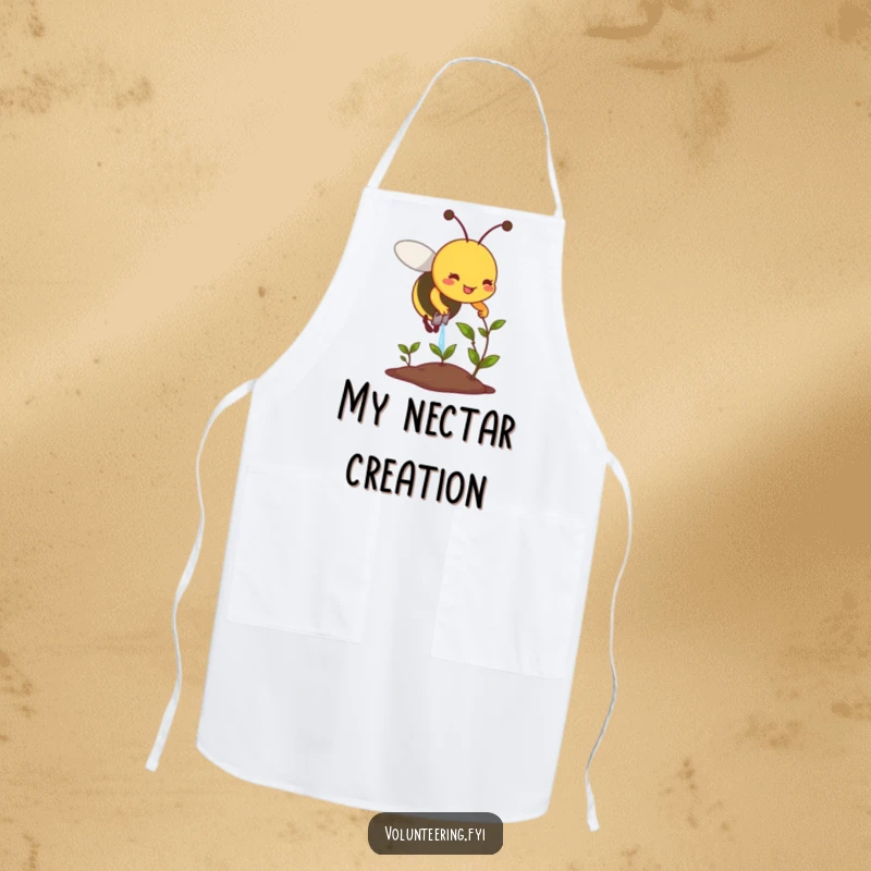 Funny apron featuring a smiling bee carefully watering a small, wilting plant, perfect for gardening or baking.