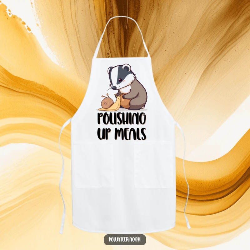 Funny badger apron showing a diligent badger helping a snail clean its shell, a cute kitchen accessory for dedicated chefs.
