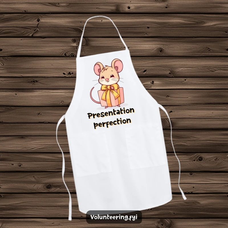 Funny apron with a determined mouse tying a ribbon around a gift, perfect for kitchen fun and precise crafting.