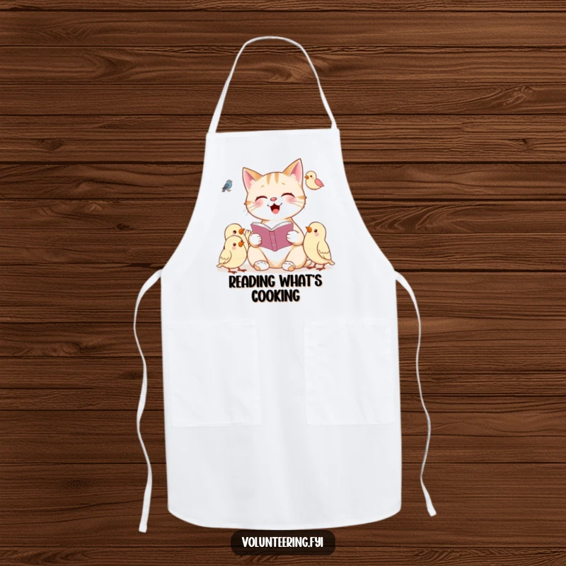 Funny apron showing a cheerful cat reading a book to attentive birds, perfect for kitchen activities.