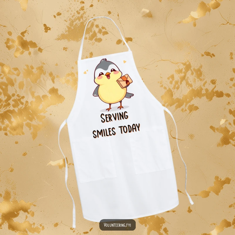 Funny apron with a joyful chickadee holding a small parcel, perfect for kitchen use with a theme of cheerful delivery.