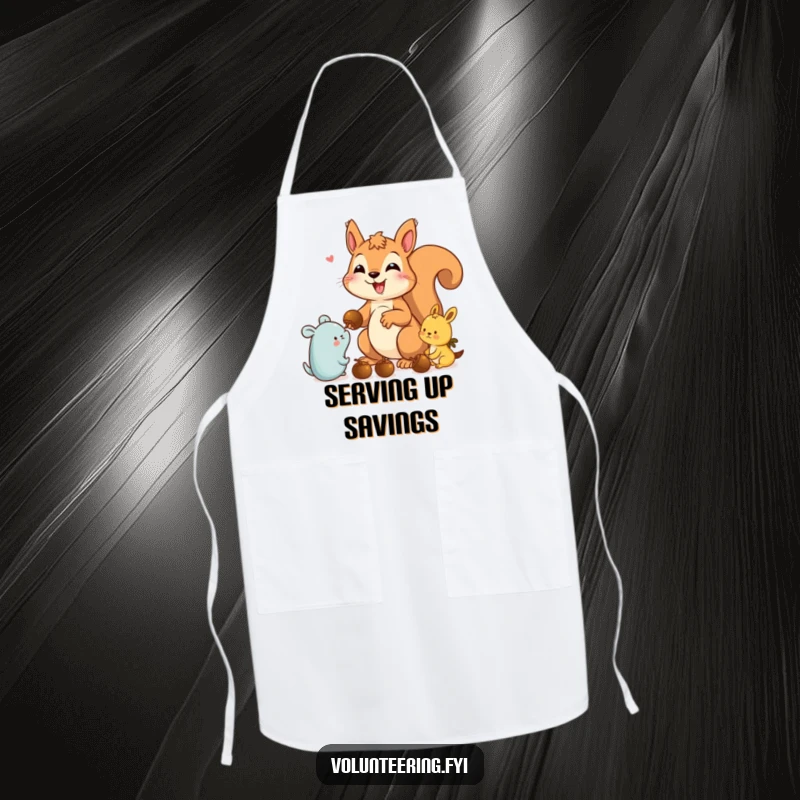 Funny squirrel apron depicting a delighted squirrel sharing acorns, great for kitchen adventures with a humorous touch.
