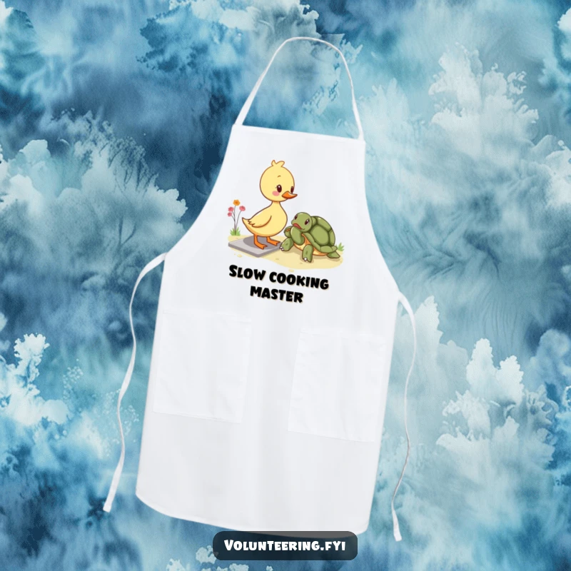 Funny kawaii duckling apron, featuring a cute duckling helping an elderly turtle cross a path, perfect for kitchen wear.