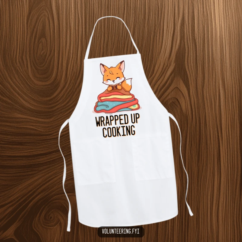 Funny Apron adorned with a playful fox character organizing colorful blankets, perfect for kitchen or craft use with a cozy and neat theme.