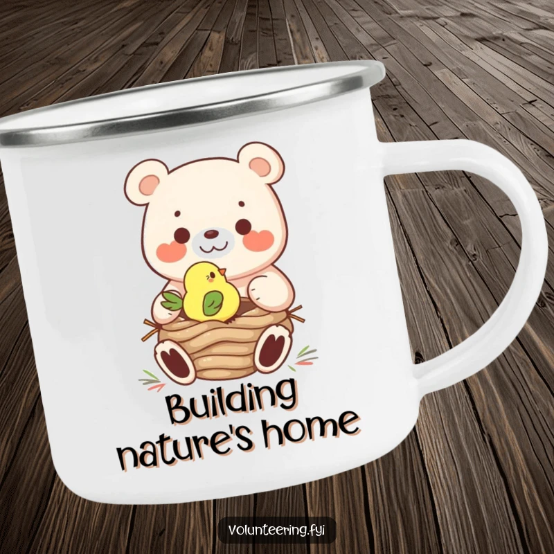 Funny Camping Mug: A bear assists a bird in building a nest, perfect for outdoor enthusiasts who appreciate cute and funny.