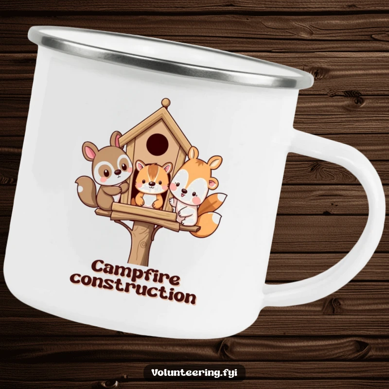 Funny camping mug depicting diverse animal friends building a birdhouse, ready for outdoor adventures and warm drinks.