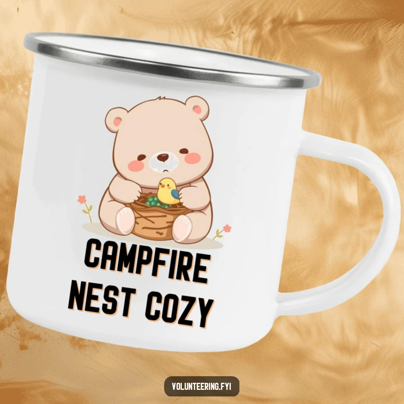 Funny camping mug with a large bear helping a tiny bird build a nest, designed for outdoor enthusiasts who love heartwarming humor.