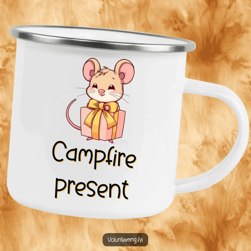 Funny camping mug with a determined mouse tying a ribbon around a gift, perfect for outdoor gifting and meticulous fun.